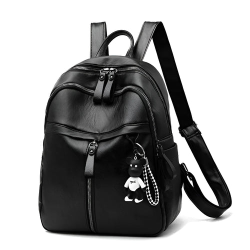 Black soft surface PU leather backpack with double straps showing ID compartment and zipper opening
