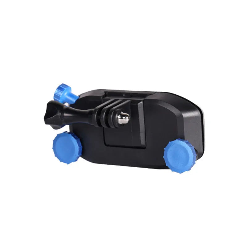 Blue plastic GoPro shoulder strap buckle for mounting sports cameras on backpacks