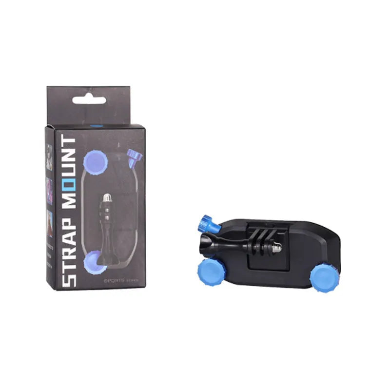 Blue plastic GoPro shoulder strap buckle for mounting sports cameras on backpacks