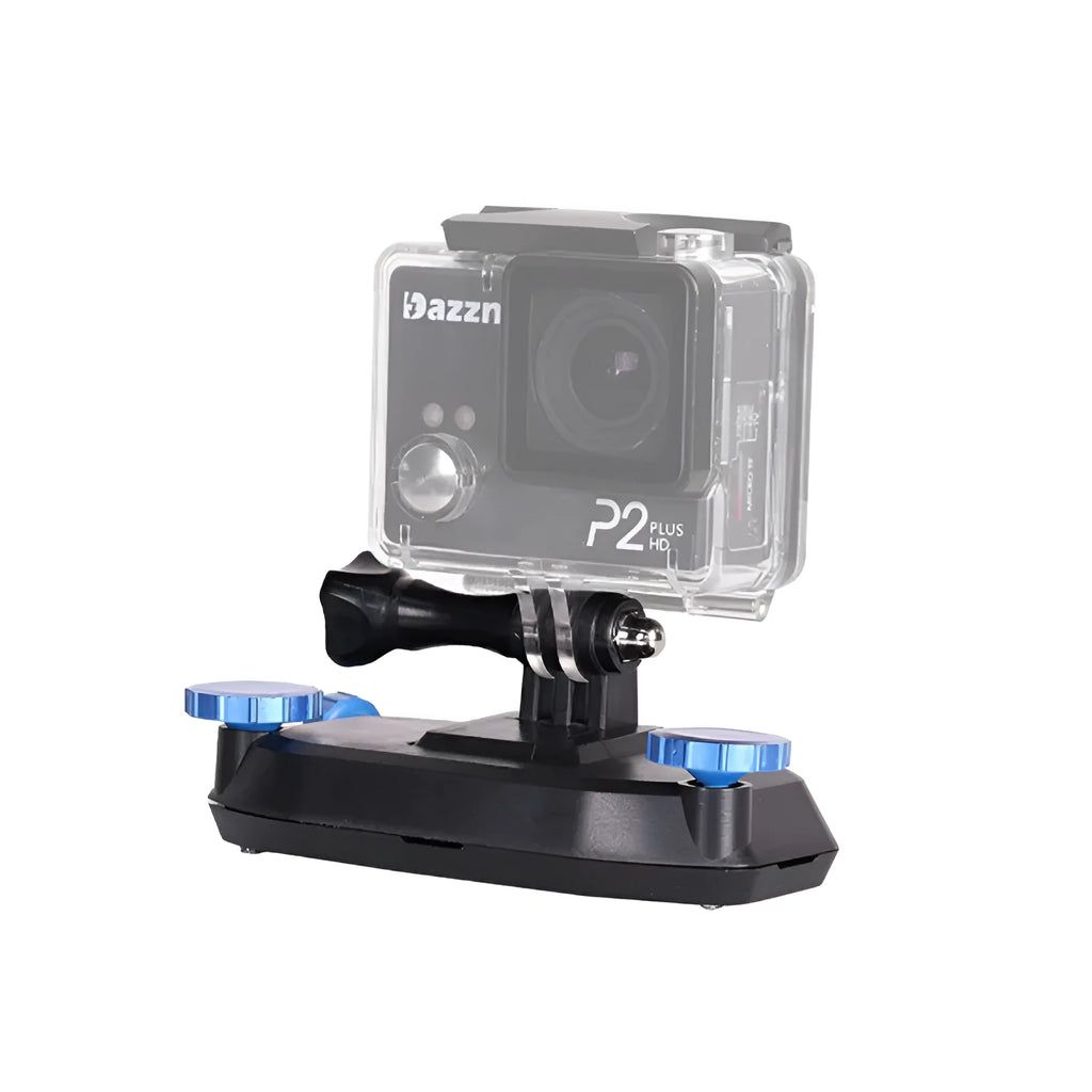 Blue plastic GoPro shoulder strap buckle for mounting sports cameras on backpacks