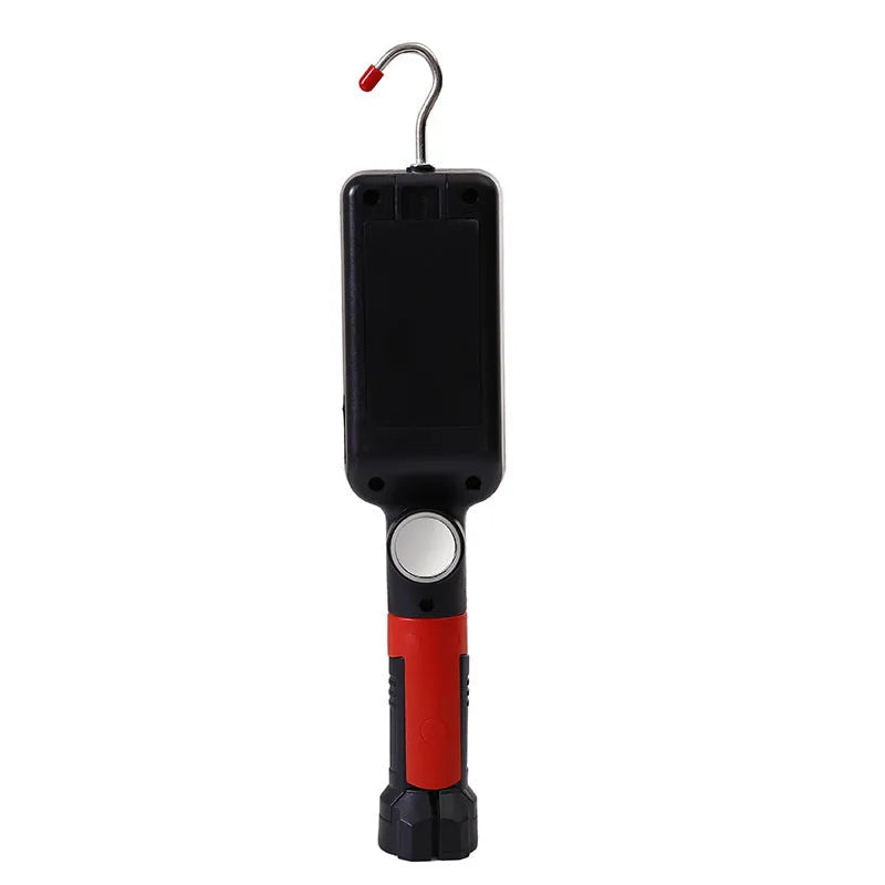 Red COB LED work light with magnet hook showing dimensions and USB charging cable