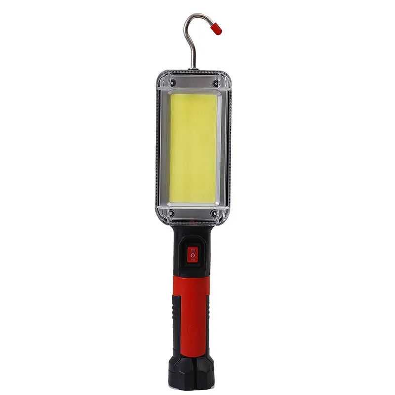 Red COB LED work light with magnet hook showing dimensions and USB charging cable