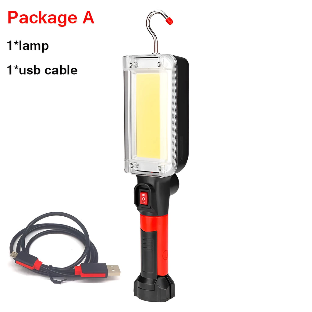 Red COB LED work light with magnet hook showing dimensions and USB charging cable