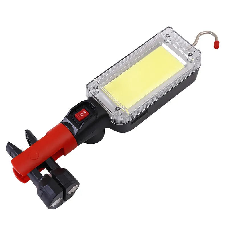 Red COB LED work light with magnet hook showing dimensions and USB charging cable