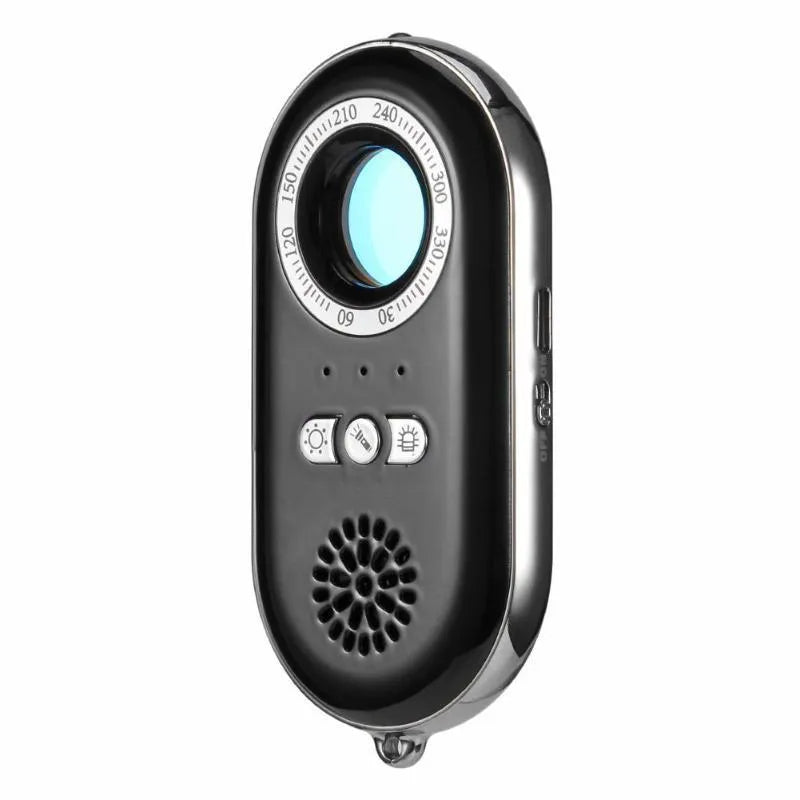 Compact rectangular wireless signal detector with vibration alarm for travel security and hidden camera detection.