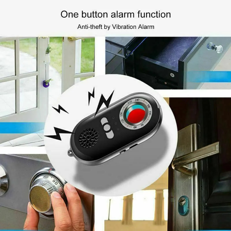 Compact rectangular wireless signal detector with vibration alarm for travel security and hidden camera detection.
