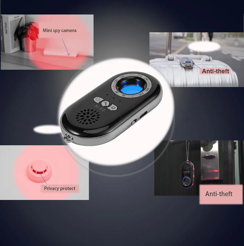 Compact rectangular wireless signal detector with vibration alarm for travel security and hidden camera detection.