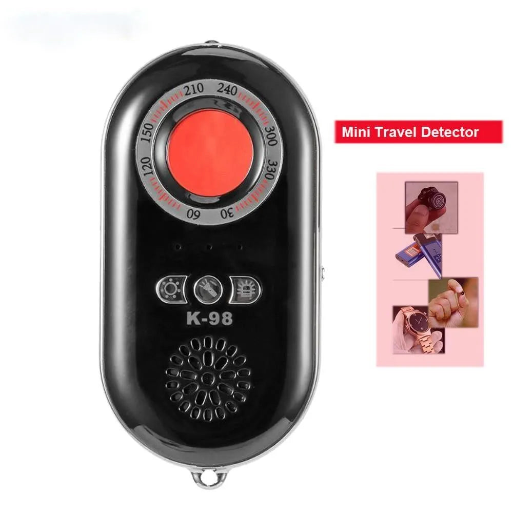 Compact rectangular wireless signal detector with vibration alarm for travel security and hidden camera detection.