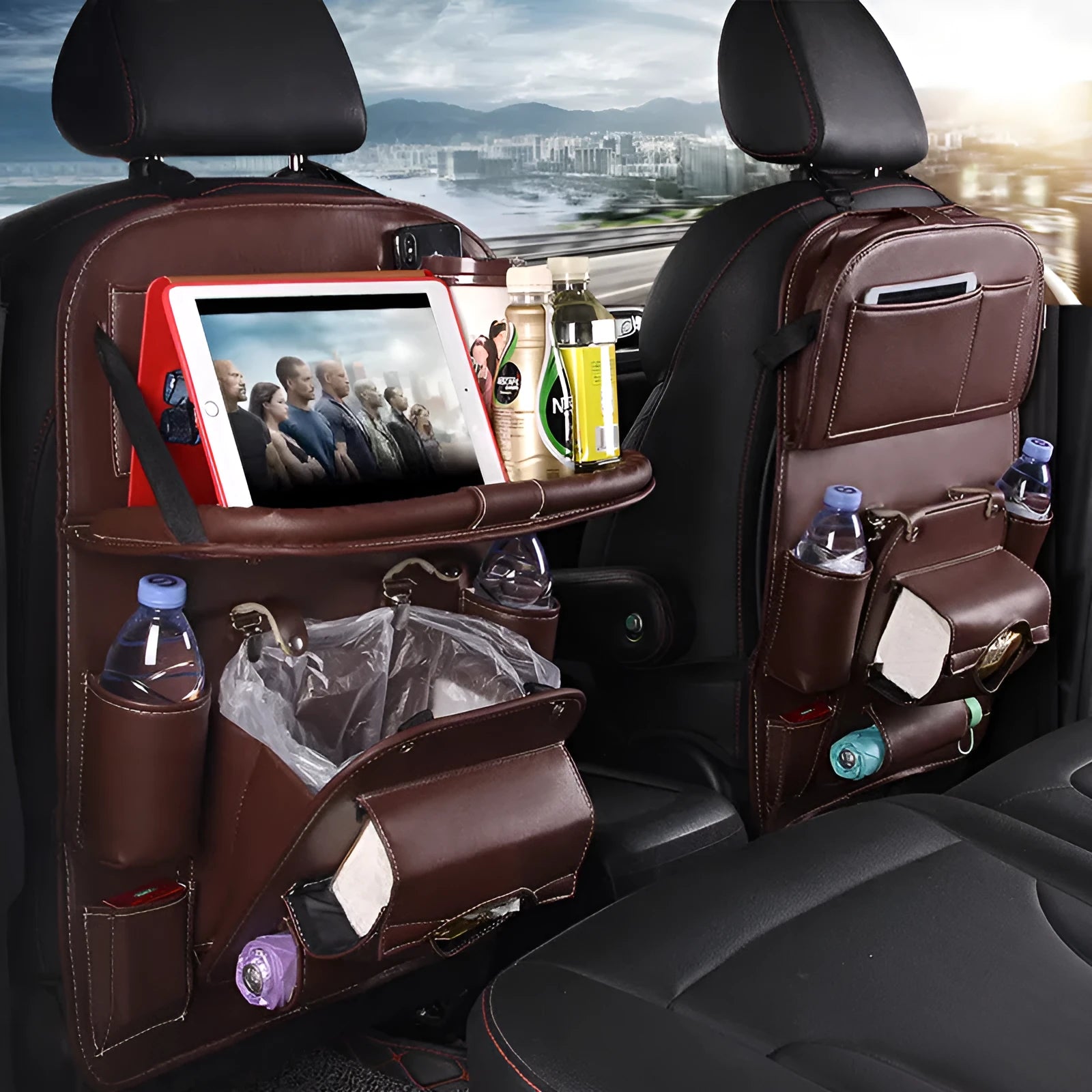 PU leather car seat back storage organiser bag with multiple pockets and built-in trash can function