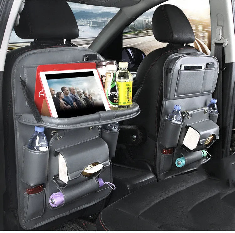 PU leather car seat back storage organiser bag with multiple pockets and built-in trash can function
