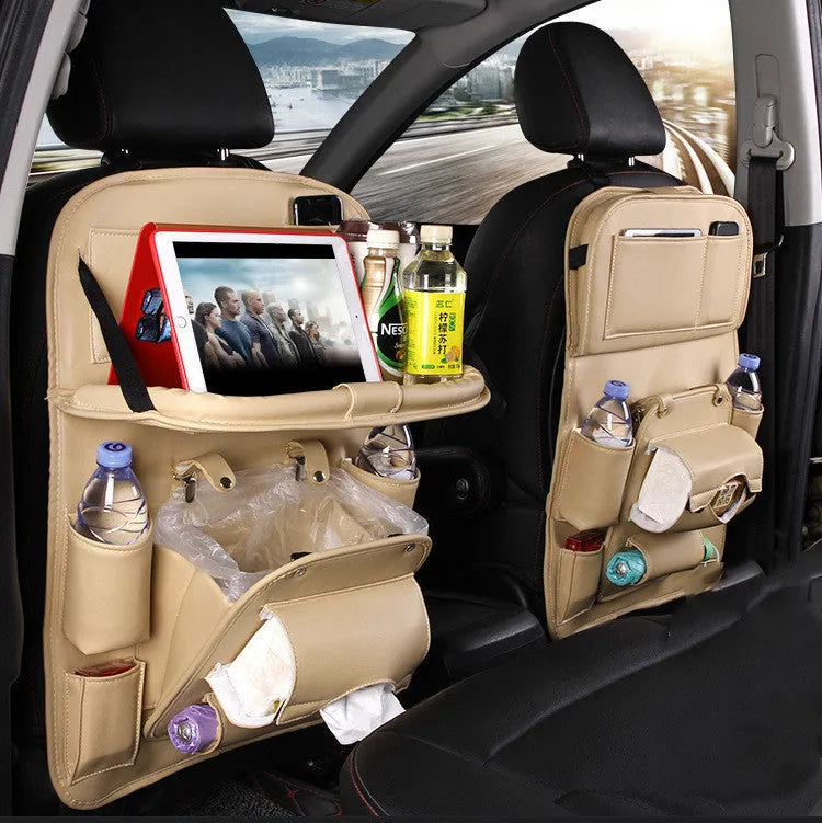 PU leather car seat back storage organiser bag with multiple pockets and built-in trash can function