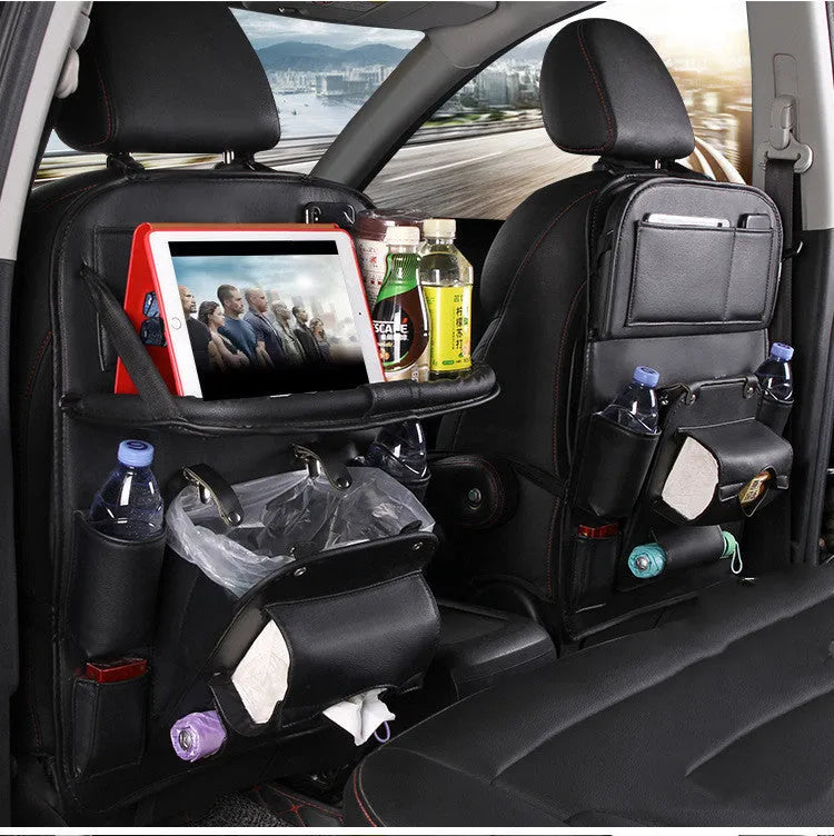 PU leather car seat back storage organiser bag with multiple pockets and built-in trash can function