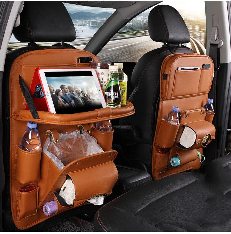PU leather car seat back storage organiser bag with multiple pockets and built-in trash can function