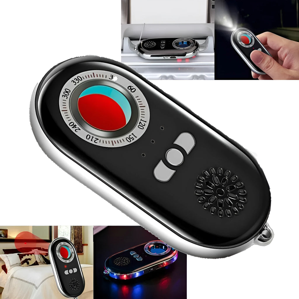 Compact rectangular wireless signal detector with vibration alarm for travel security and hidden camera detection.