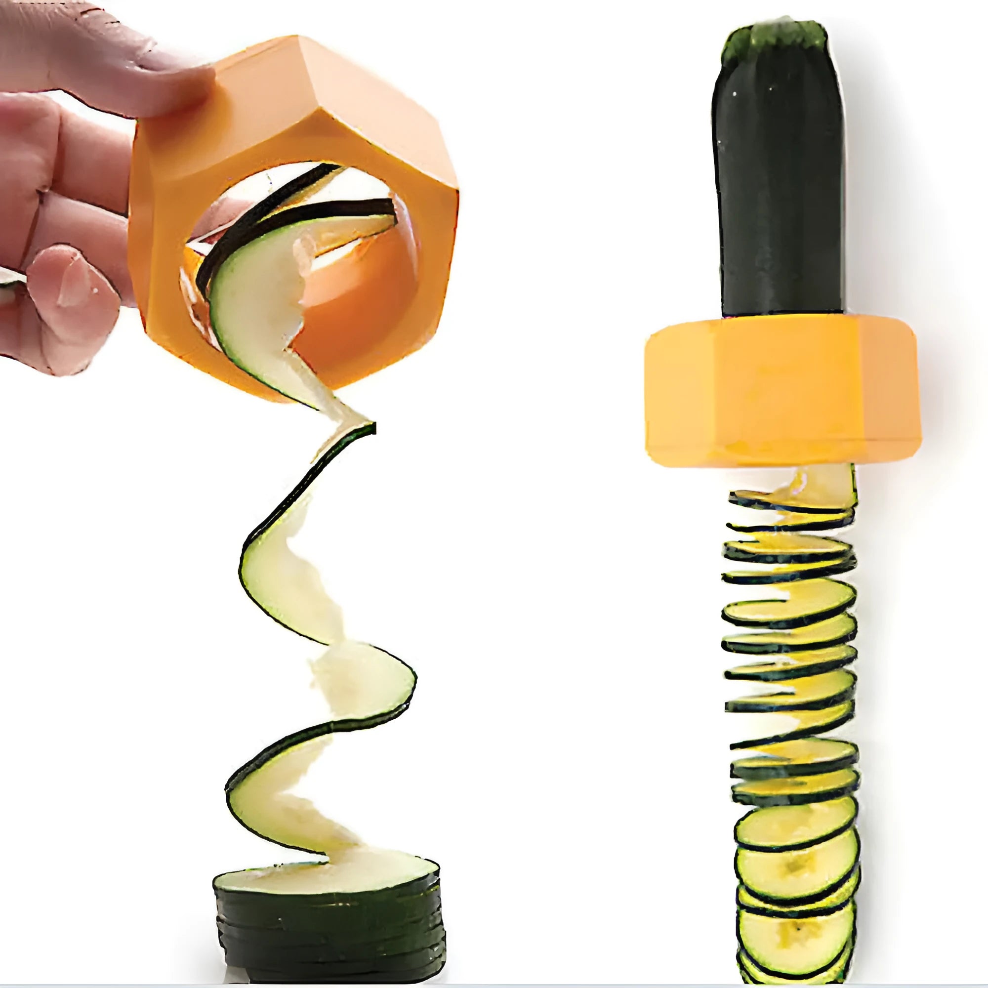 Yellow and green food-grade ABS plastic spiral vegetable cutter for slicing cucumbers.