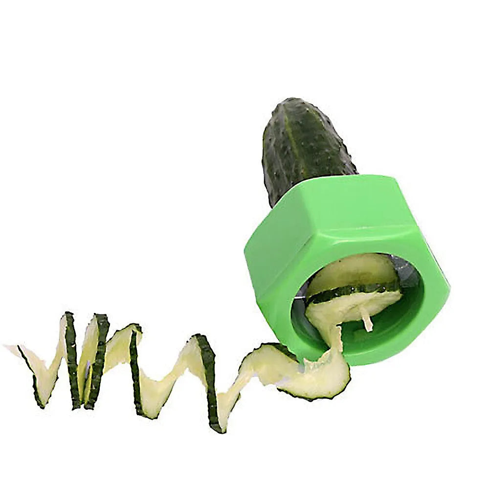 Yellow and green food-grade ABS plastic spiral vegetable cutter for slicing cucumbers.