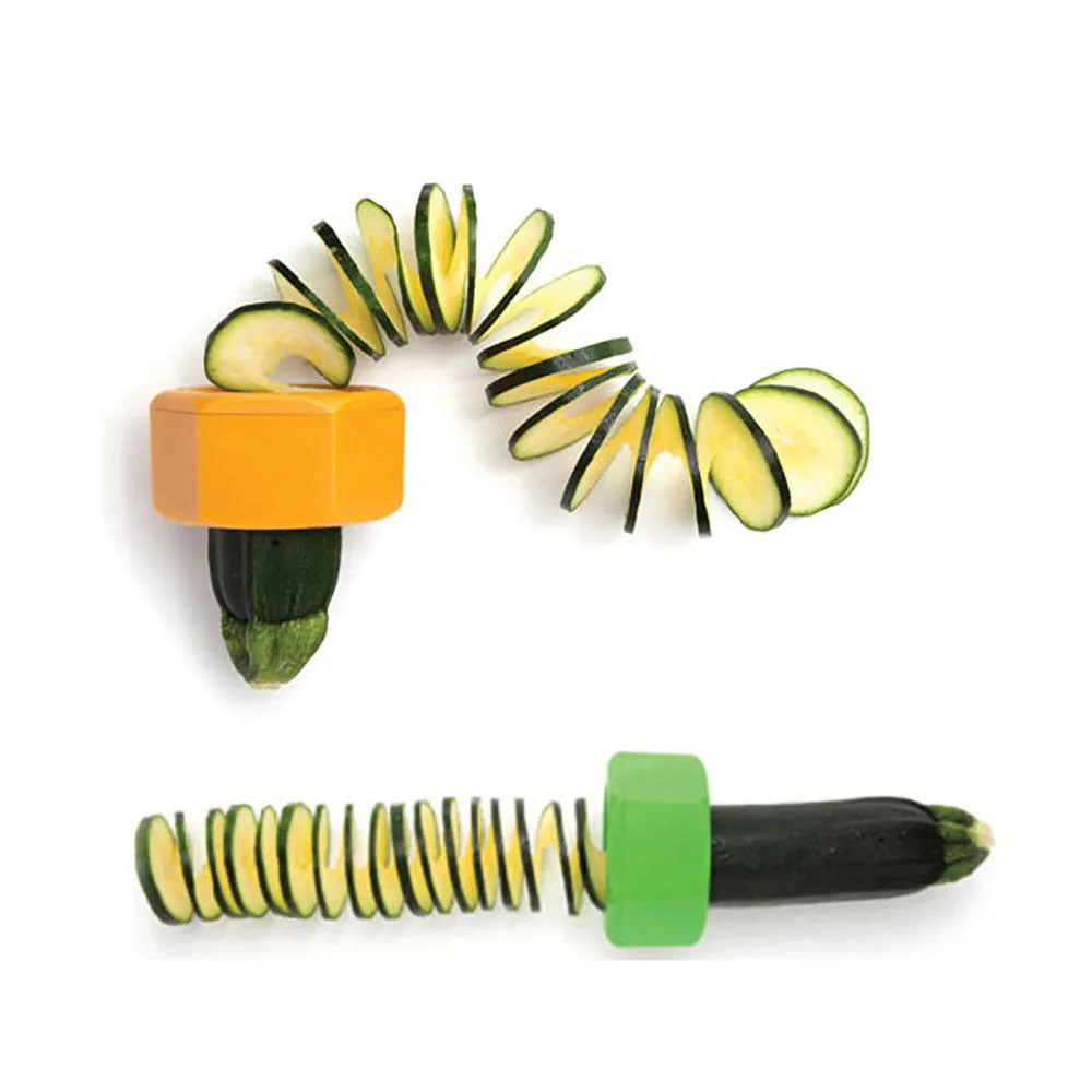 Yellow and green food-grade ABS plastic spiral vegetable cutter for slicing cucumbers.