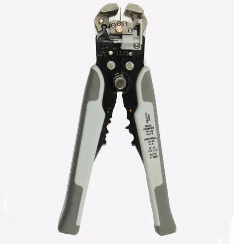 Yellow handheld 3-in-1 automatic wire stripper, crimper, and cutter tool with adjustment screw.
