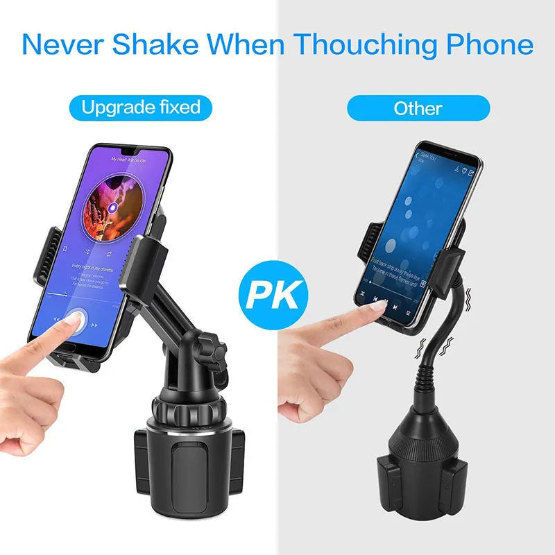 Black car dashboard phone holder with adjustable height and 360° rotation capability