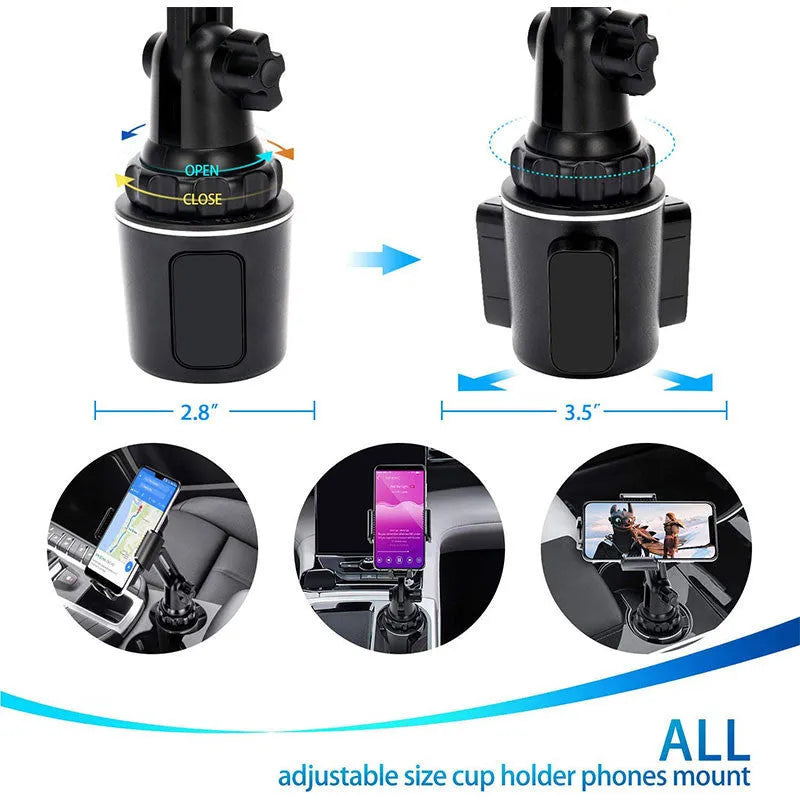 Black car dashboard phone holder with adjustable height and 360° rotation capability