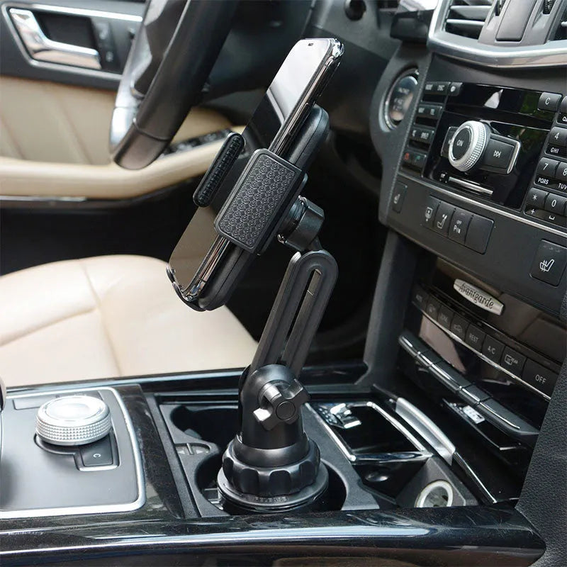 Black car dashboard phone holder with adjustable height and 360° rotation capability