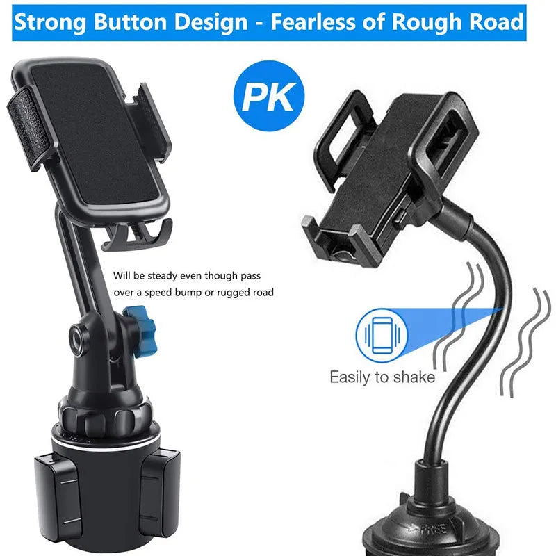 Black car dashboard phone holder with adjustable height and 360° rotation capability
