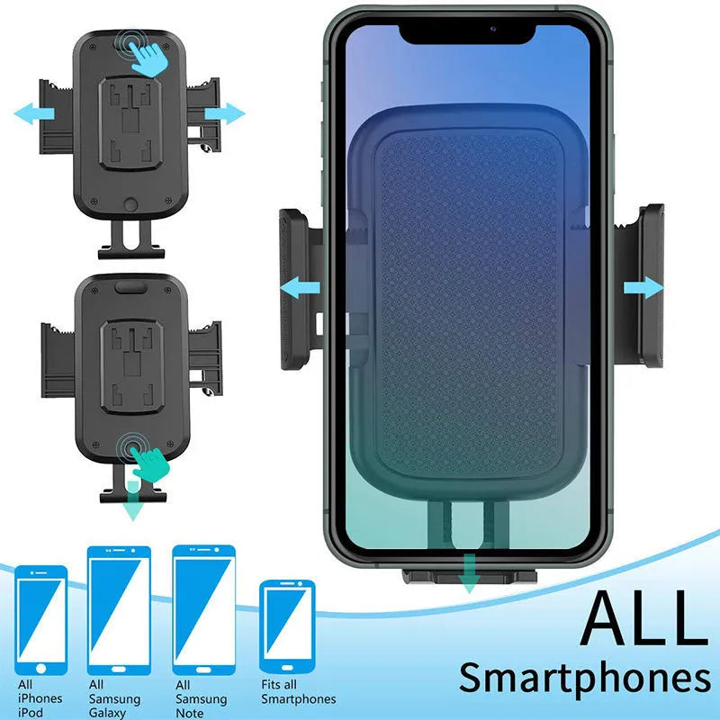 Black car dashboard phone holder with adjustable height and 360° rotation capability
