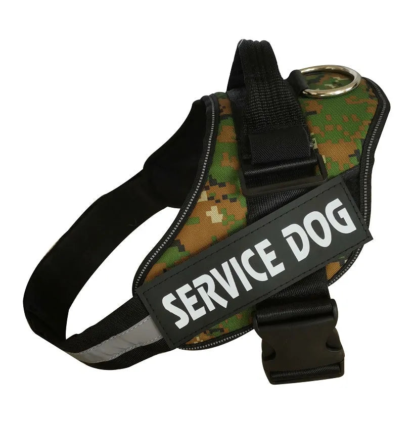 A reflective adjustable dog harness vest shown on a dog, with a handle and D-ring for leash attachment.
