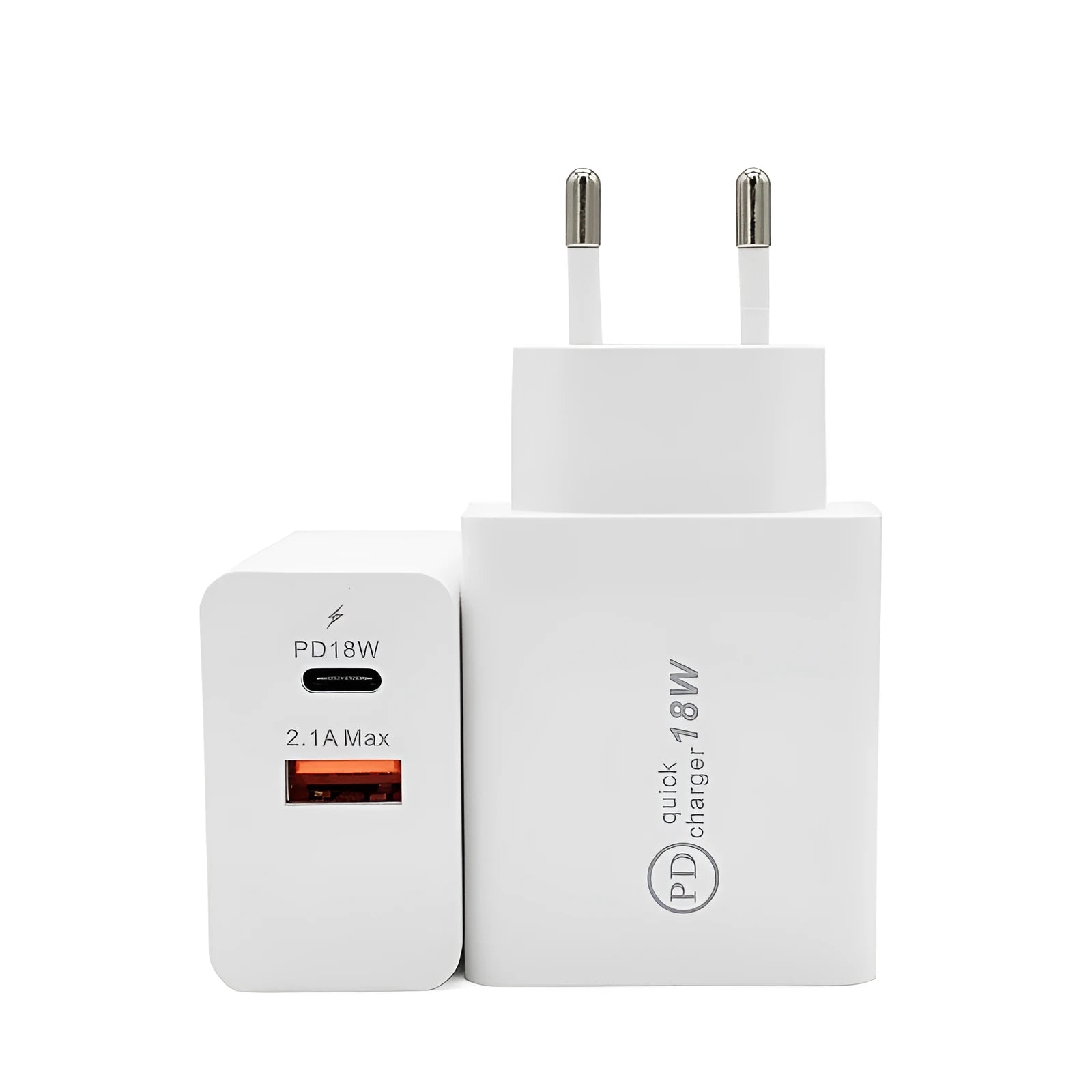 18W USB-C PD fast charger wall adapter in black or white with US/EU plug options