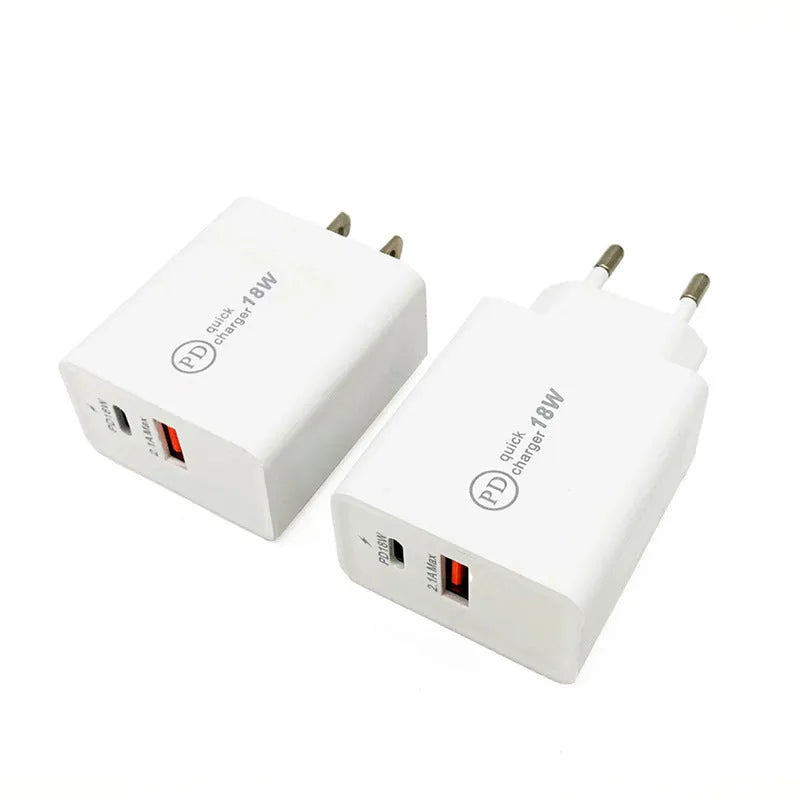 18W USB-C PD fast charger wall adapter in black or white with US/EU plug options