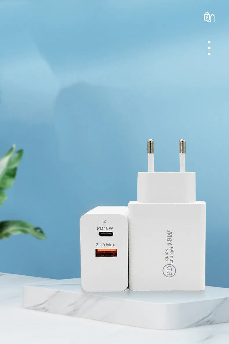 18W USB-C PD fast charger wall adapter in black or white with US/EU plug options