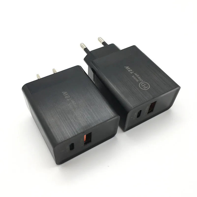 18W USB-C PD fast charger wall adapter in black or white with US/EU plug options