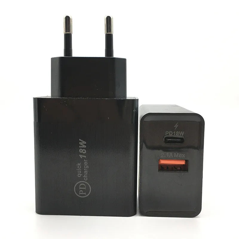 18W USB-C PD fast charger wall adapter in black or white with US/EU plug options