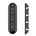 Black soft plastic desktop magnetic charging cable organizer on a wooden desk.