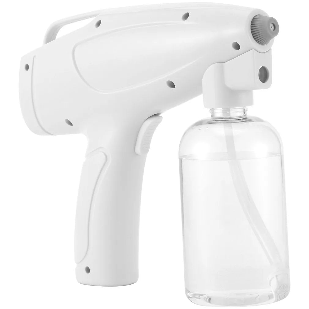 White handheld wireless electric disinfectant spray gun with USB charging port.