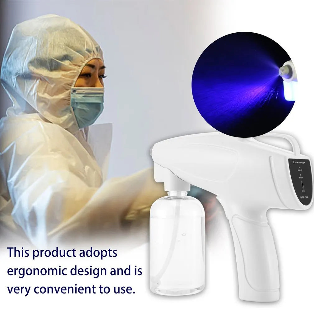 White handheld wireless electric disinfectant spray gun with USB charging port.