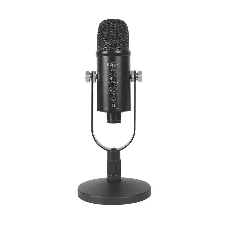 Black JIY USB condenser microphone on metal stand with foam windscreen