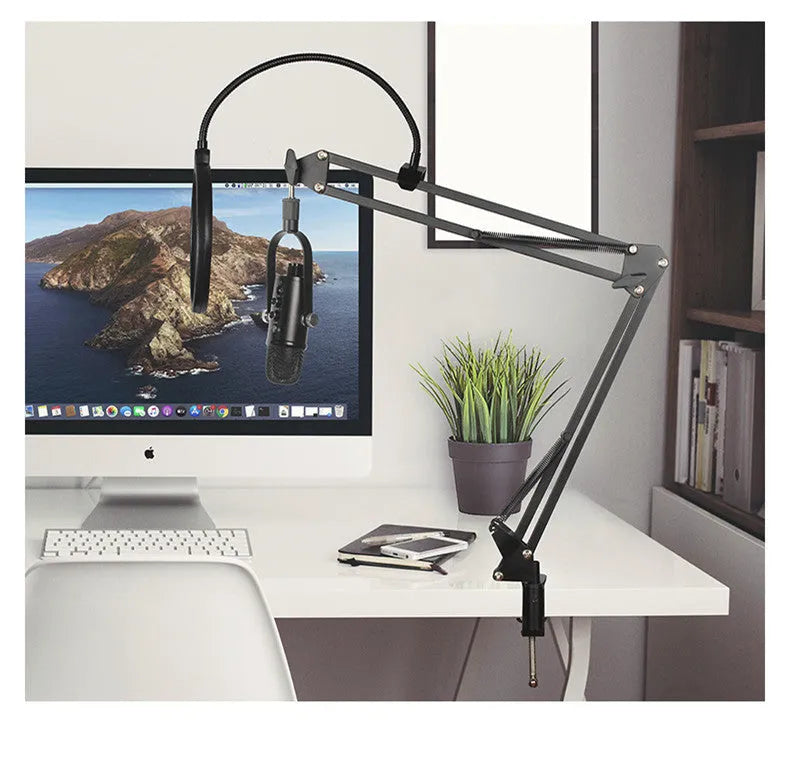 Black JIY USB condenser microphone on metal stand with foam windscreen