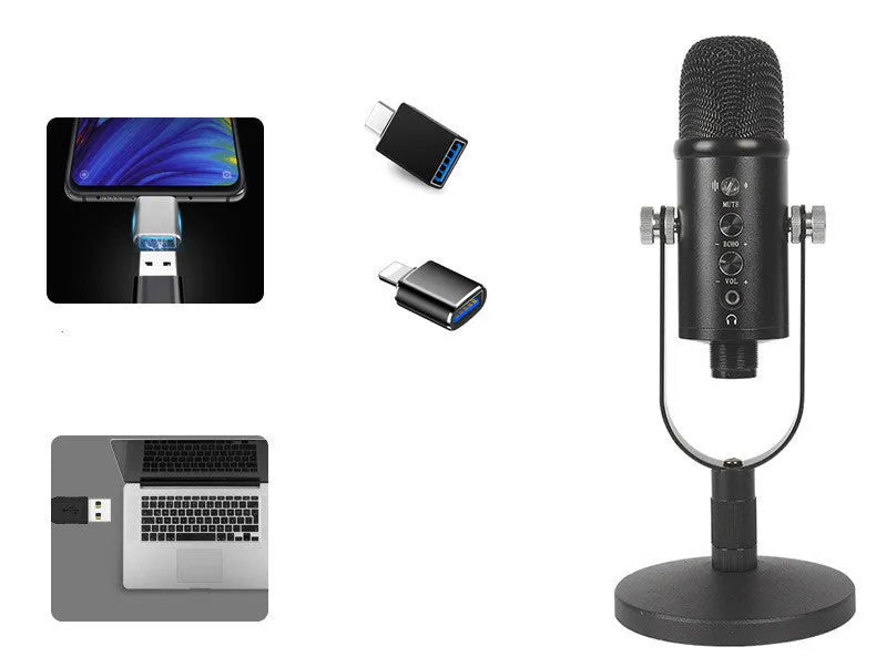 Black JIY USB condenser microphone on metal stand with foam windscreen