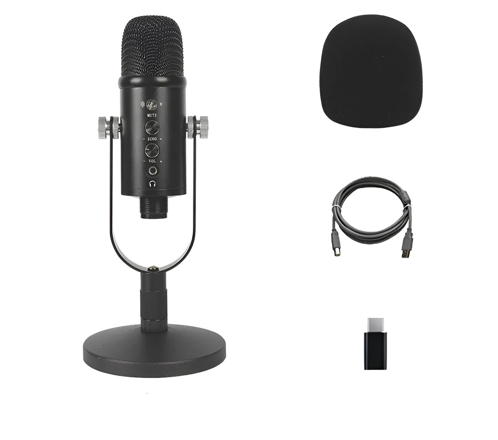 Black JIY USB condenser microphone on metal stand with foam windscreen