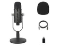 Black JIY USB condenser microphone on metal stand with foam windscreen