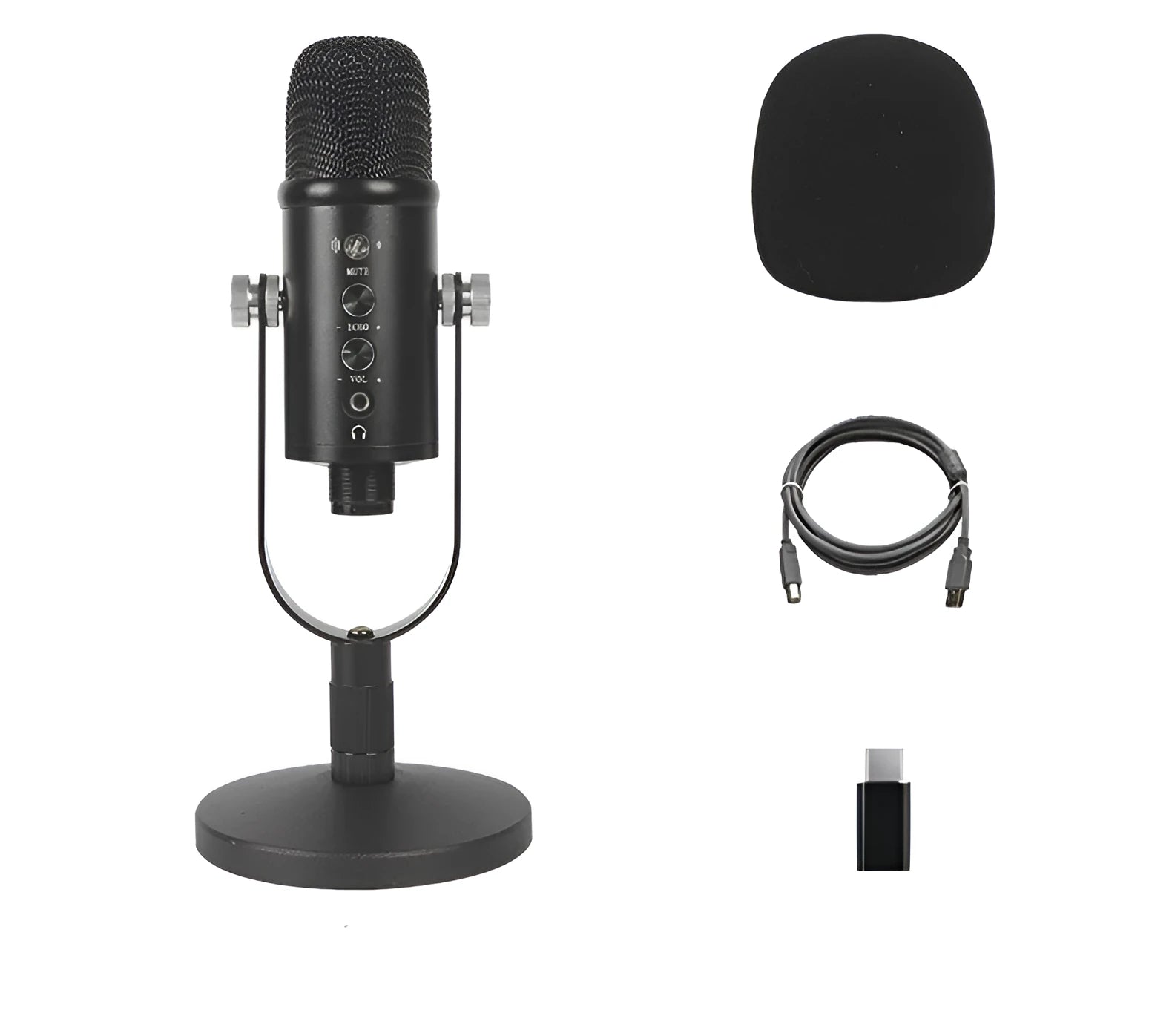 Black JIY USB condenser microphone on metal stand with foam windscreen