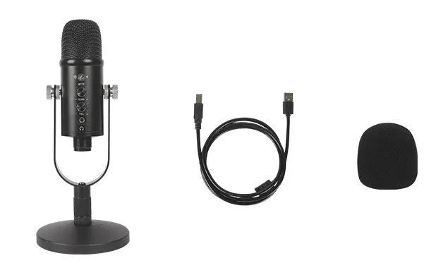 Black JIY USB condenser microphone on metal stand with foam windscreen