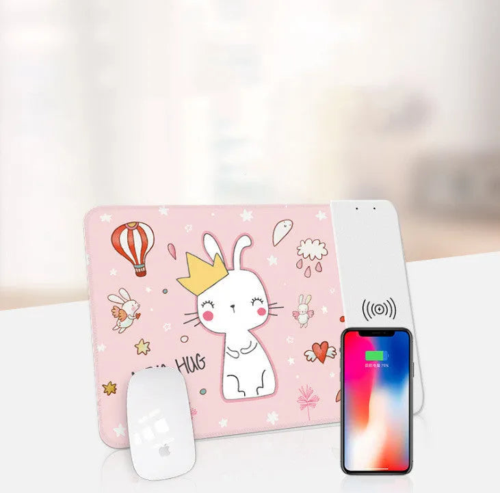 Cartoon design wireless charging mouse pad with RGB lighting and non-slip rubber backing