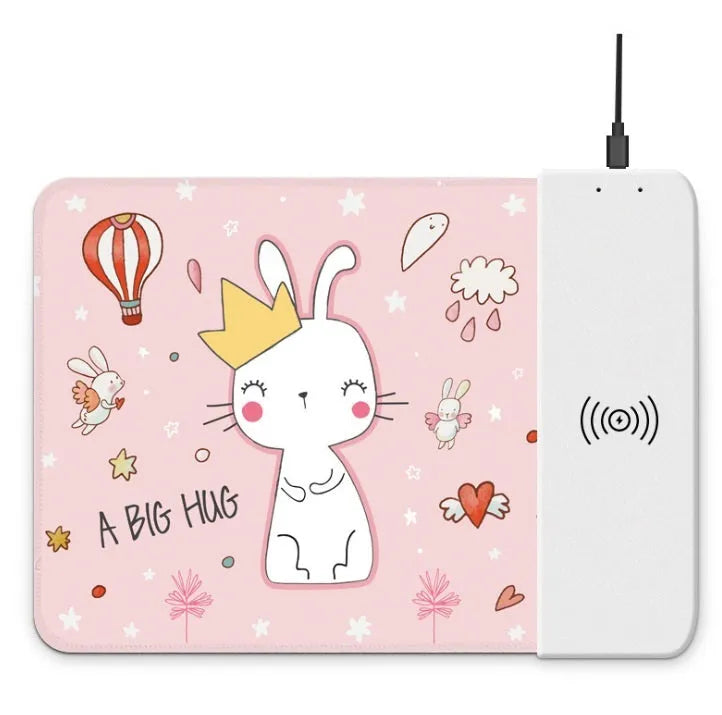 Cartoon design wireless charging mouse pad with RGB lighting and non-slip rubber backing