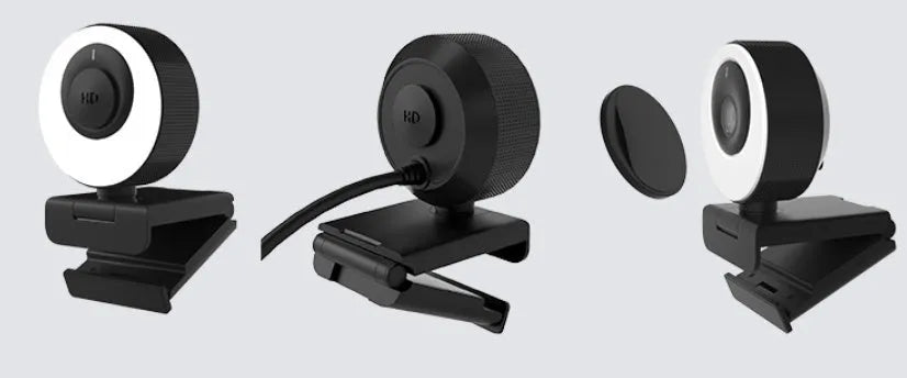 Black USB web camera with magnetic privacy cover, 1080p HD resolution, built-in microphone