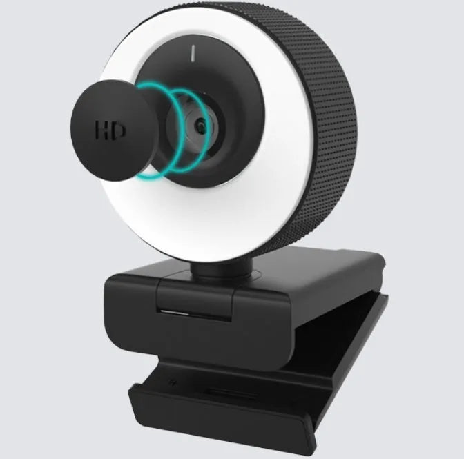 Black USB web camera with magnetic privacy cover, 1080p HD resolution, built-in microphone