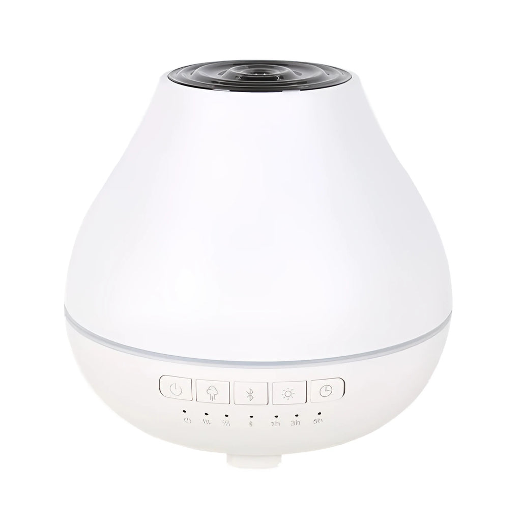 Round white Bluetooth humidifier and aroma diffuser with essential oil tank and night light.