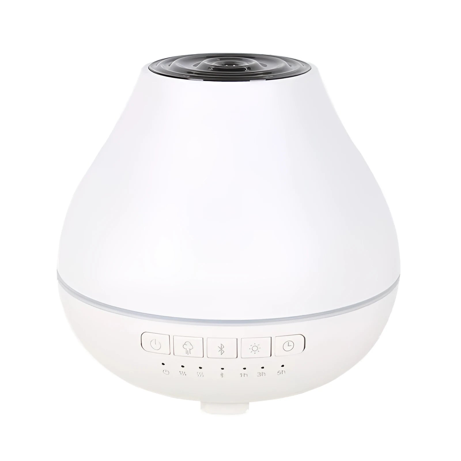 Round white Bluetooth humidifier and aroma diffuser with essential oil tank and night light.