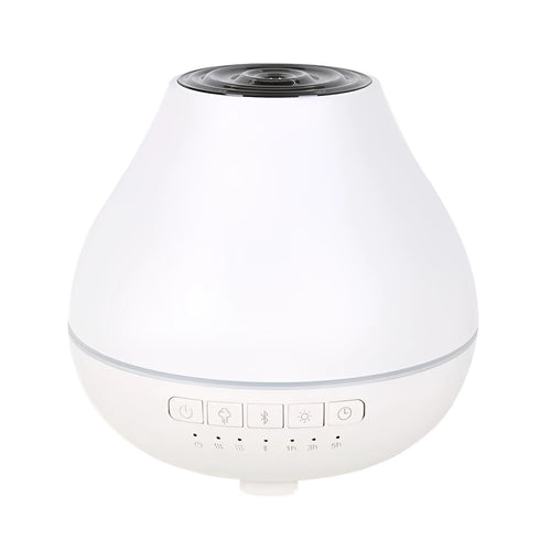 Round white Bluetooth humidifier and aroma diffuser with essential oil tank and night light.